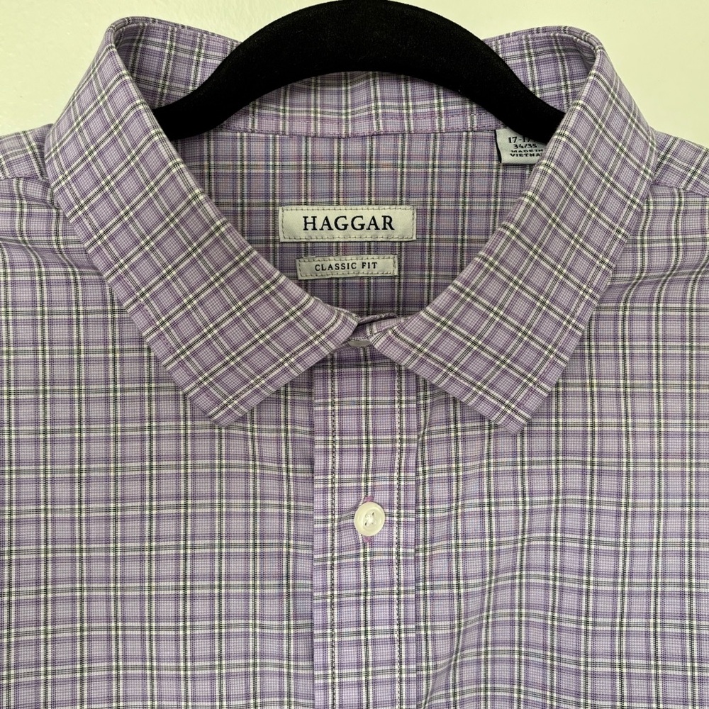 Haggar • Men's Classic Fit Lavender Plaid Button Down Shirt - Wrinkle Resistant - Picture 4 of 12